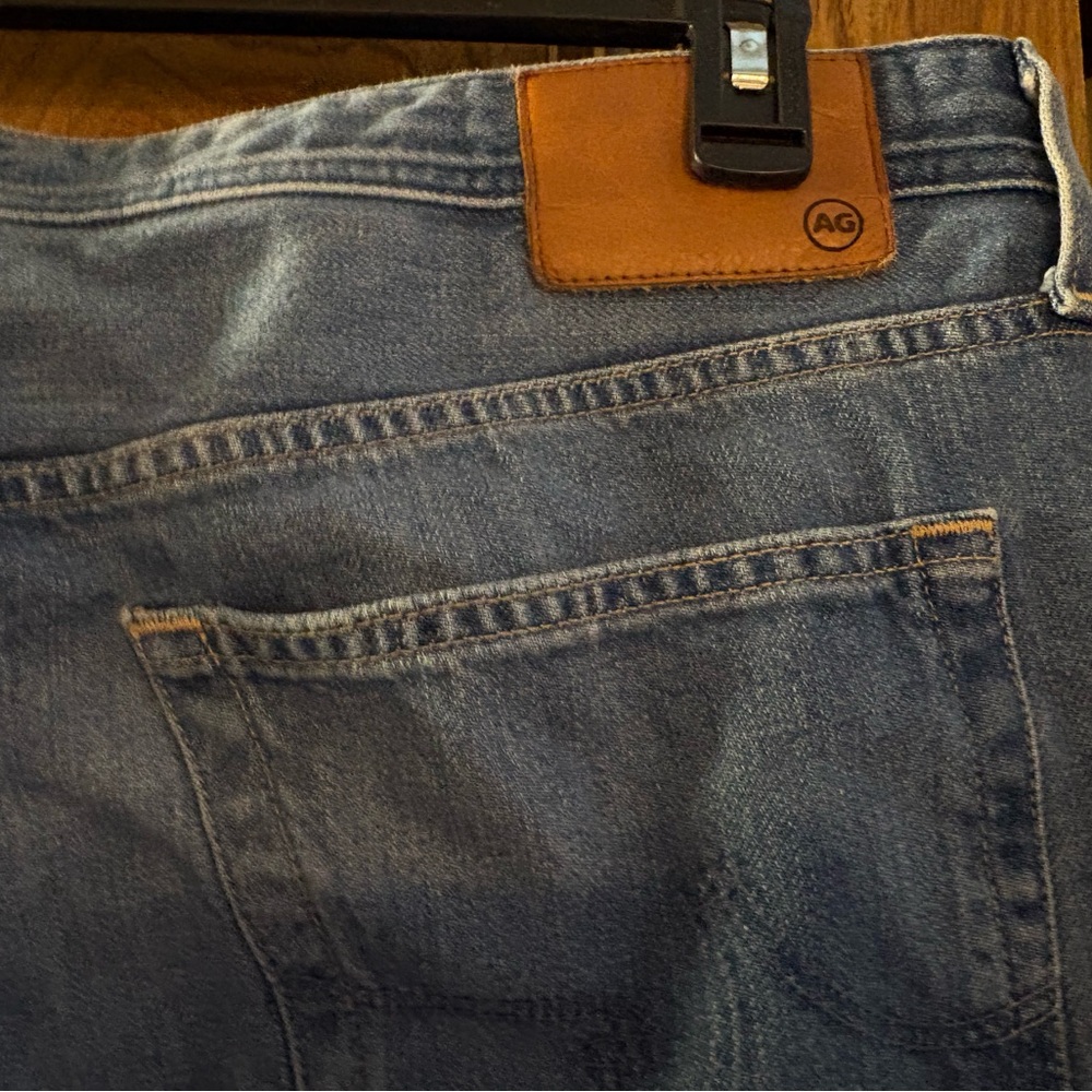 Ag Adriano Goldschmied Relaxed Medium Blue Jeans with Tan Patch